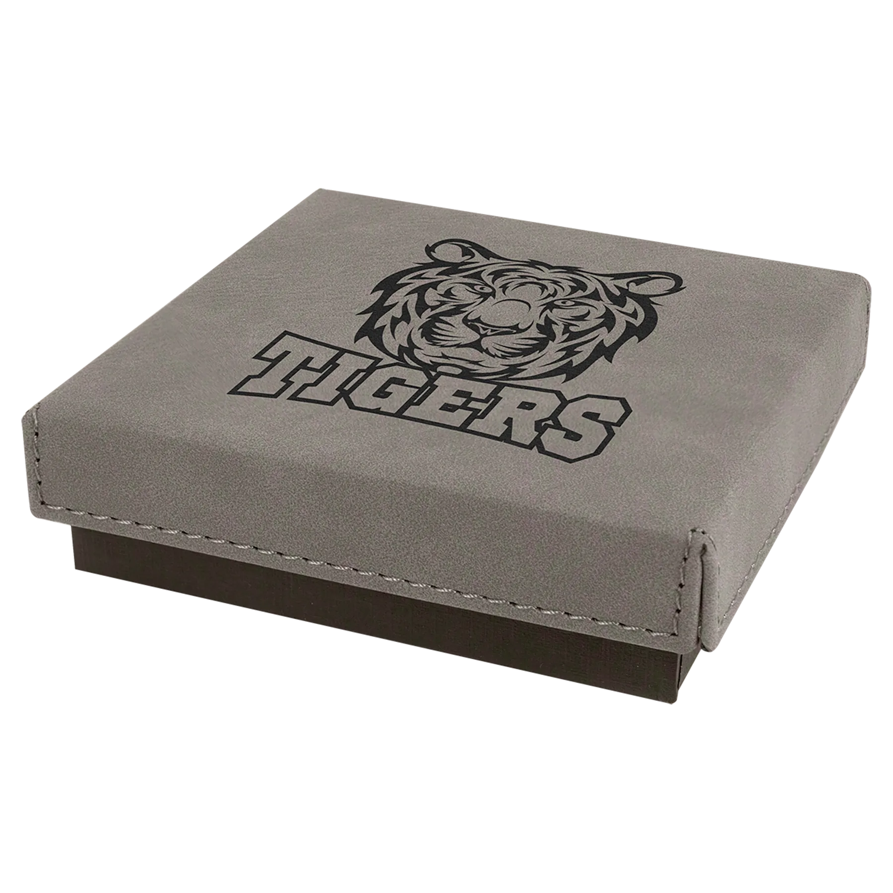 4" × 4" Gray Medal Box with Lid (cardboard & faux leather) — custom laser engraved — ECHIPMUNK