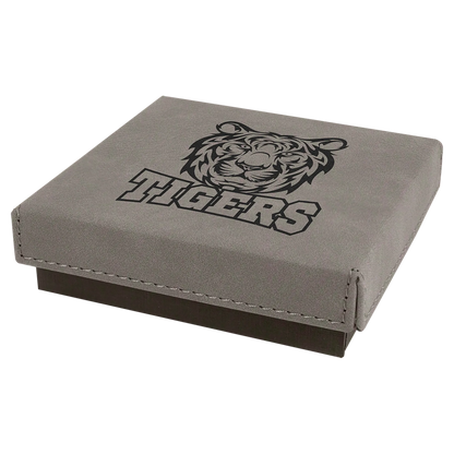 4" × 4" Gray Medal Box with Lid (cardboard & faux leather) — custom laser engraved — ECHIPMUNK