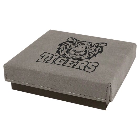 4" × 4" Gray Medal Box with Lid (cardboard & faux leather) — custom laser engraved — ECHIPMUNK