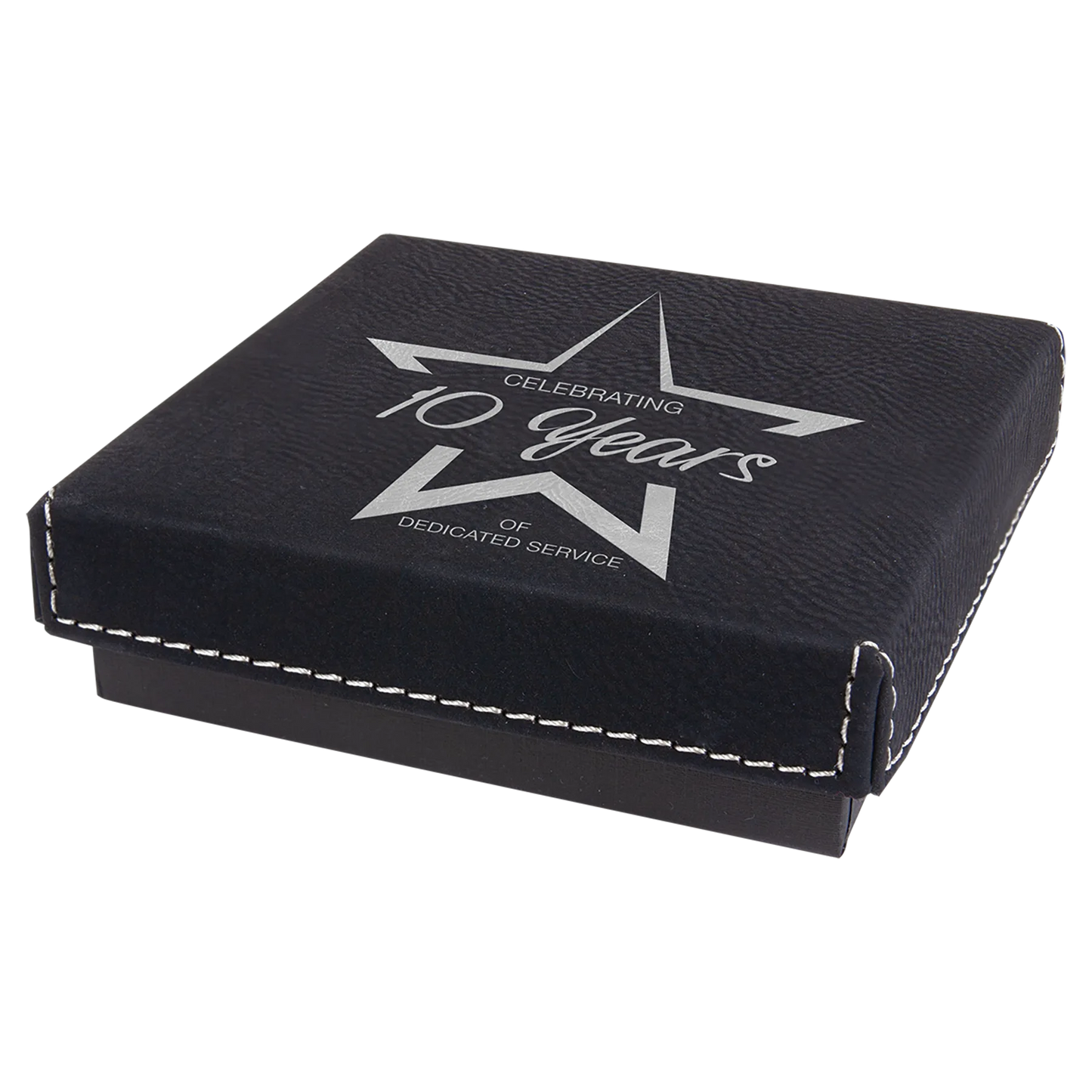 4" × 4" Black/Silver Medal Box with Lid (cardboard & faux leather) — custom laser engraved — ECHIPMUNK