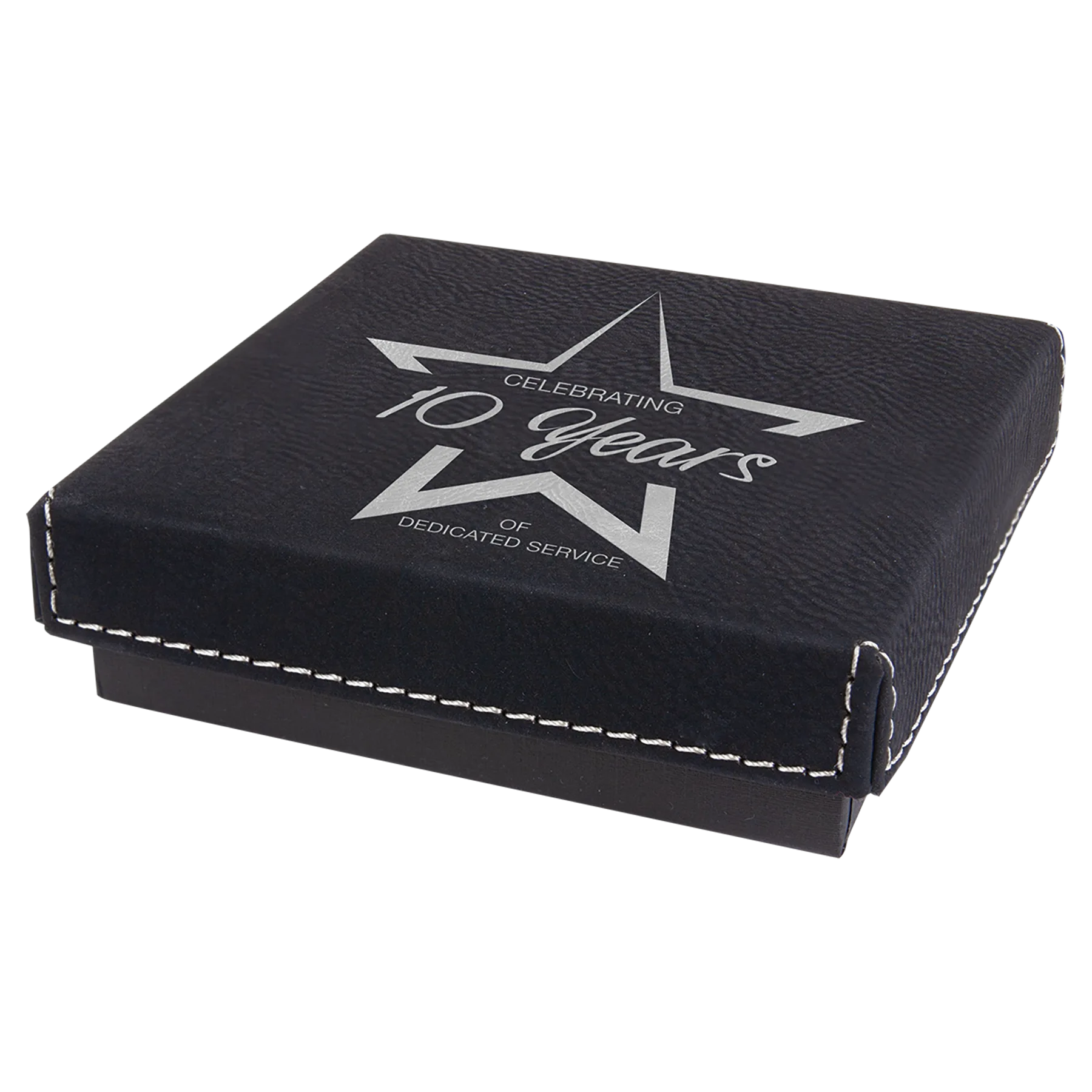 4" × 4" Black/Silver Medal Box with Lid (cardboard & faux leather) — custom laser engraved — ECHIPMUNK