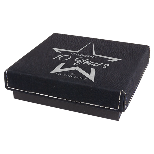 4" × 4" Black/Silver Medal Box with Lid (cardboard & faux leather) — custom laser engraved — ECHIPMUNK