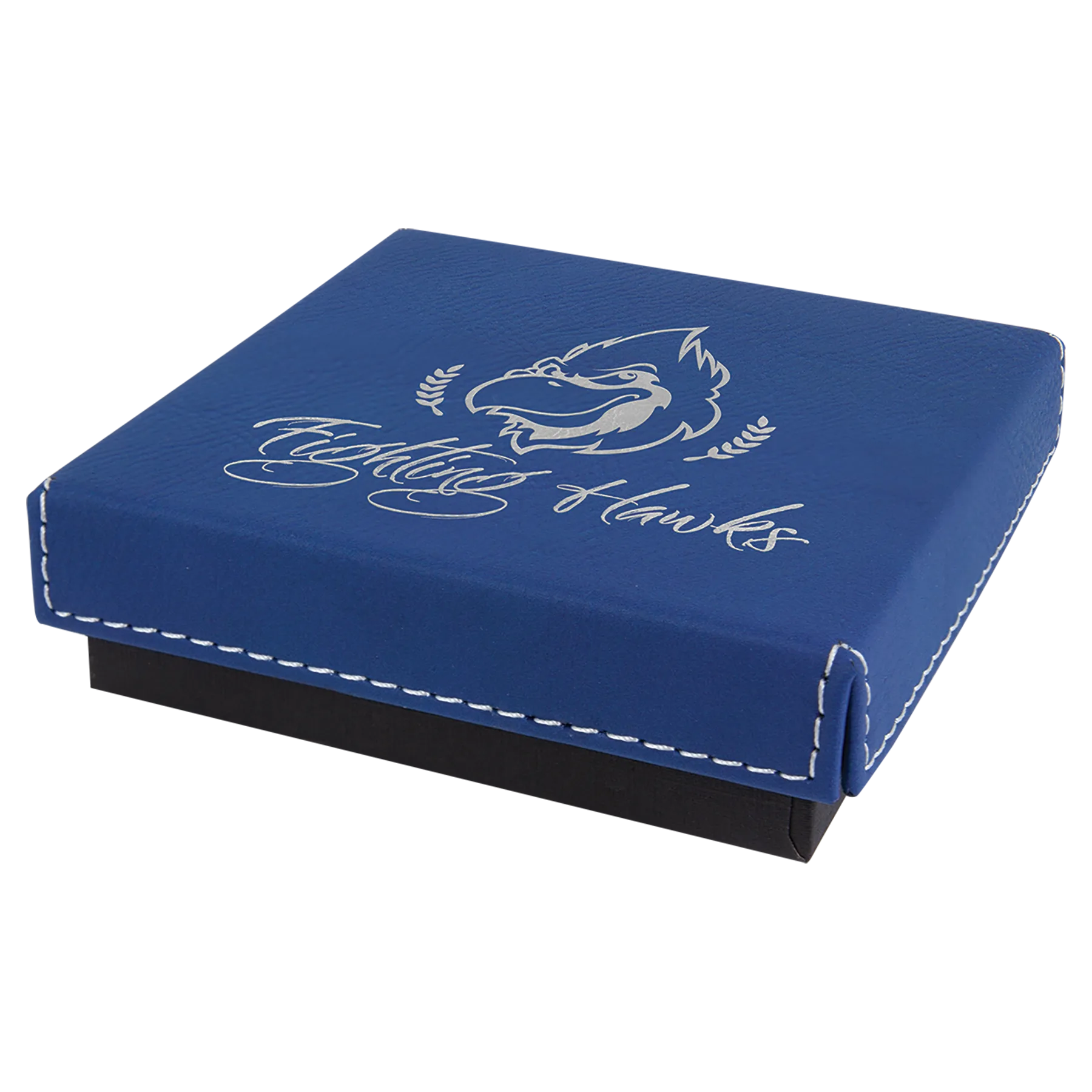 4" × 4" Blue/Silver Medal Box with Lid (cardboard & faux leather) — custom laser engraved — ECHIPMUNK