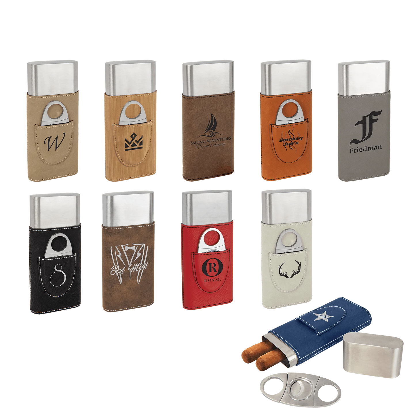 Cigar Case with Cutter (faux leather & stainless steel) — custom laser engraved — ECHIPMUNK