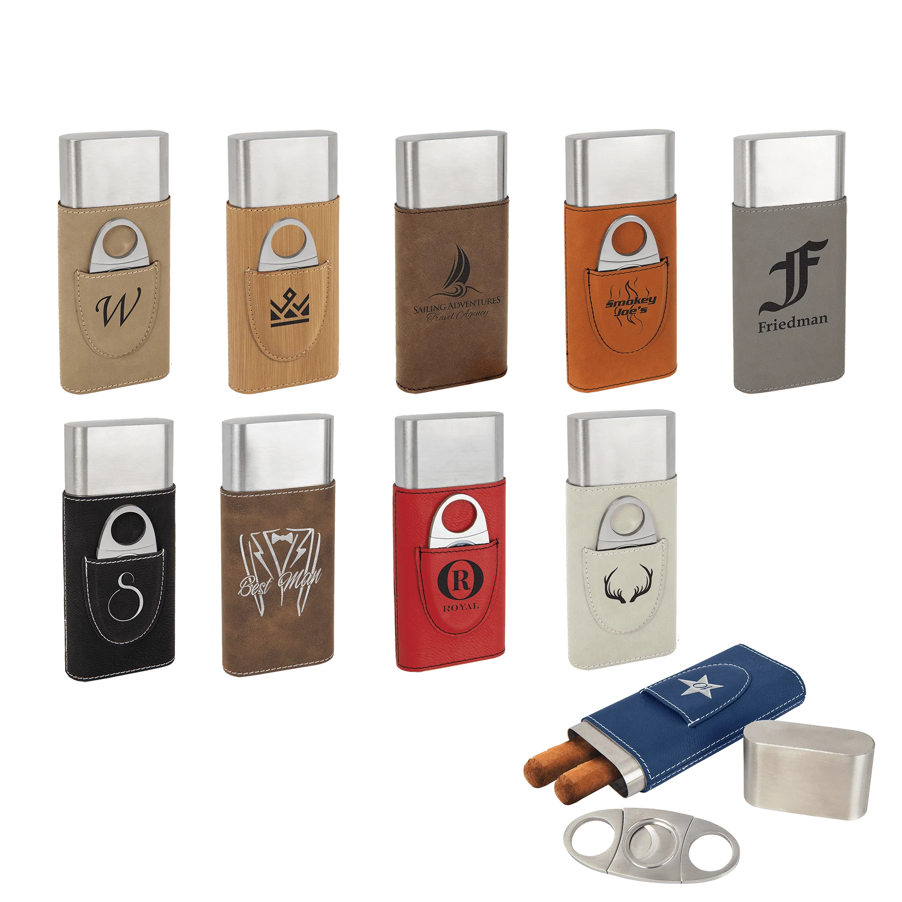 Cigar Case with Cutter (faux leather & stainless steel) — custom laser engraved — ECHIPMUNK