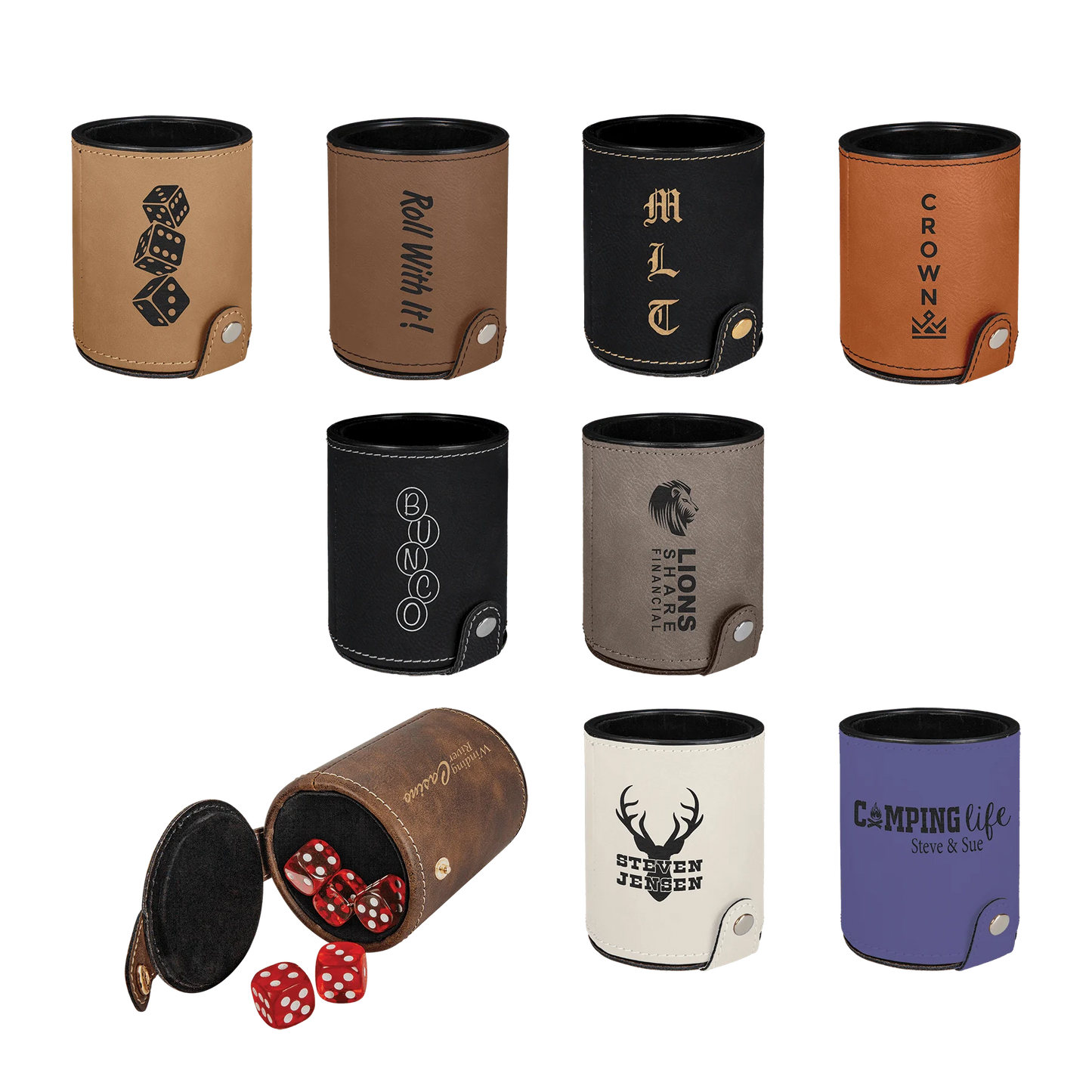 Dice Cup with 5 Dice (faux leather & plastic & velvet) — custom laser engraved — ECHIPMUNK