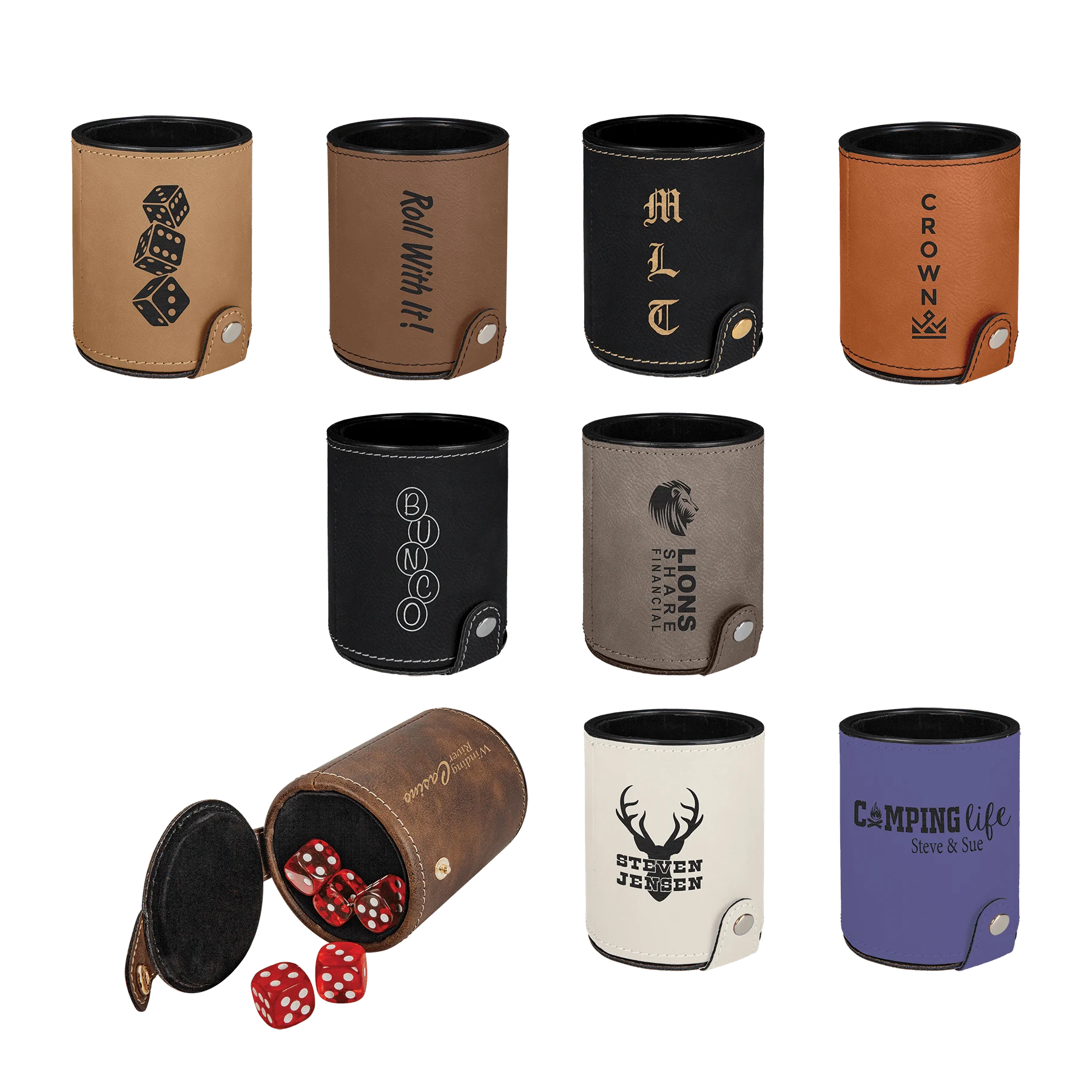 Dice Cup with 5 Dice (faux leather & plastic & velvet) — custom laser engraved — ECHIPMUNK