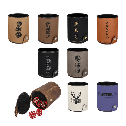 Dice Cup with 5 Dice (faux leather & plastic & velvet) — custom laser engraved — ECHIPMUNK