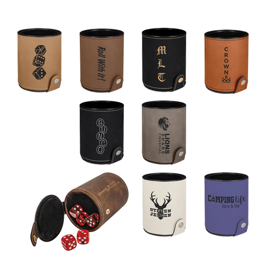 Dice Cup with 5 Dice (faux leather & plastic & velvet) — custom laser engraved — ECHIPMUNK