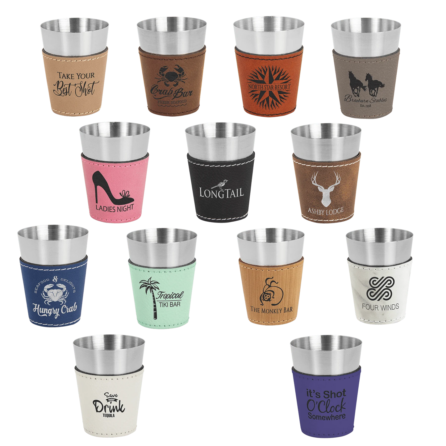 2 oz. & Stainless Steel Shot Glass (faux leather & stainless steel) — custom laser engraved — ECHIPMUNK