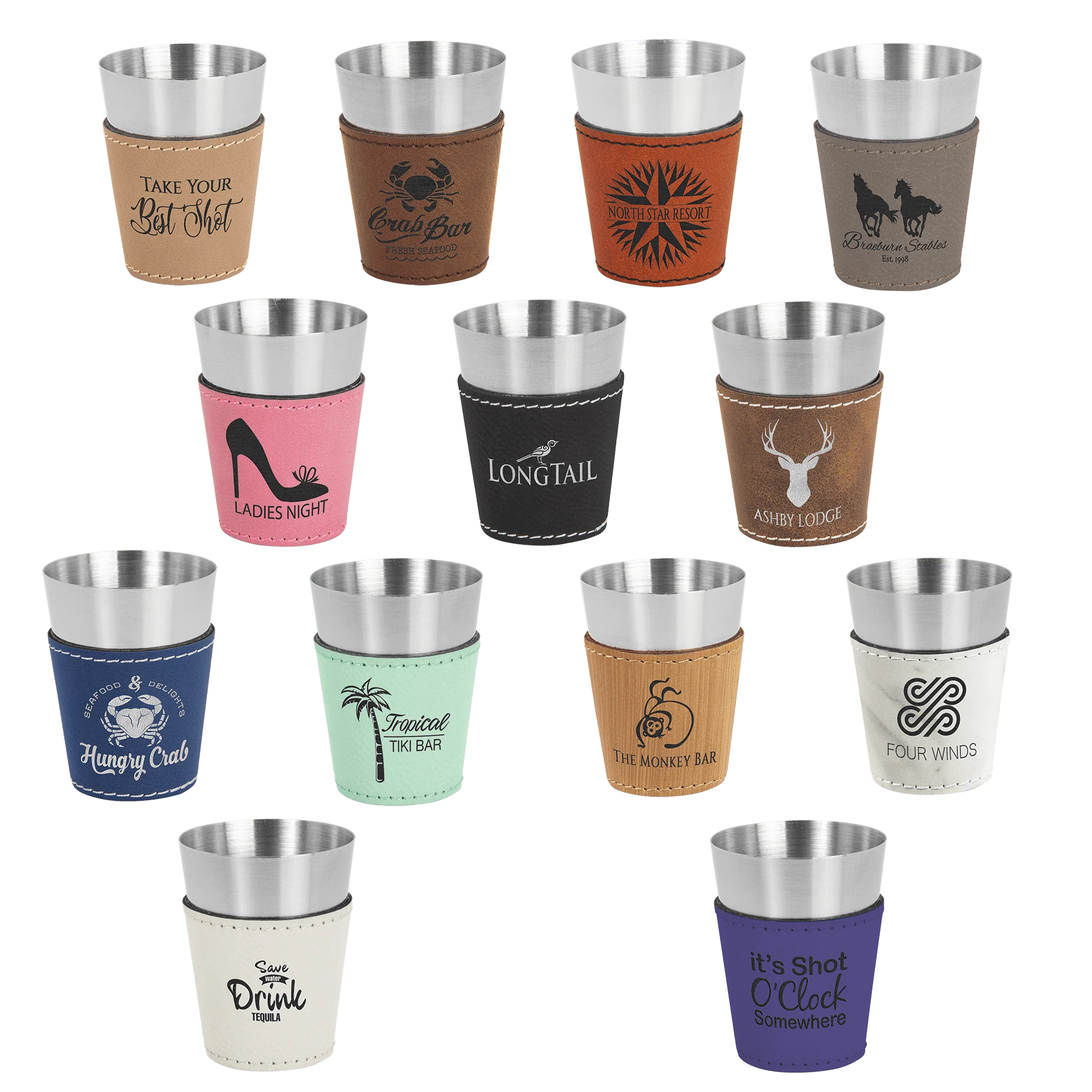 2 oz. & Stainless Steel Shot Glass (faux leather & stainless steel) — custom laser engraved — ECHIPMUNK