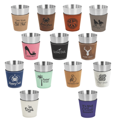 2 oz. & Stainless Steel Shot Glass (faux leather & stainless steel) — custom laser engraved — ECHIPMUNK