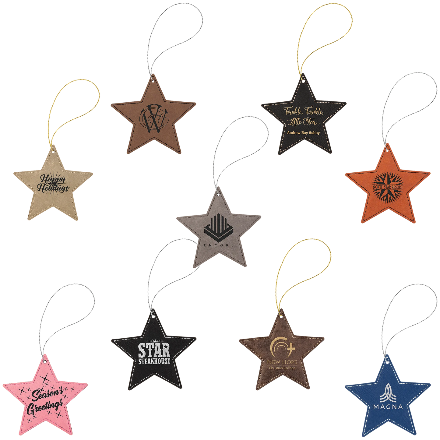 Star Ornament with Strings (faux leather) — custom laser engraved — ECHIPMUNK