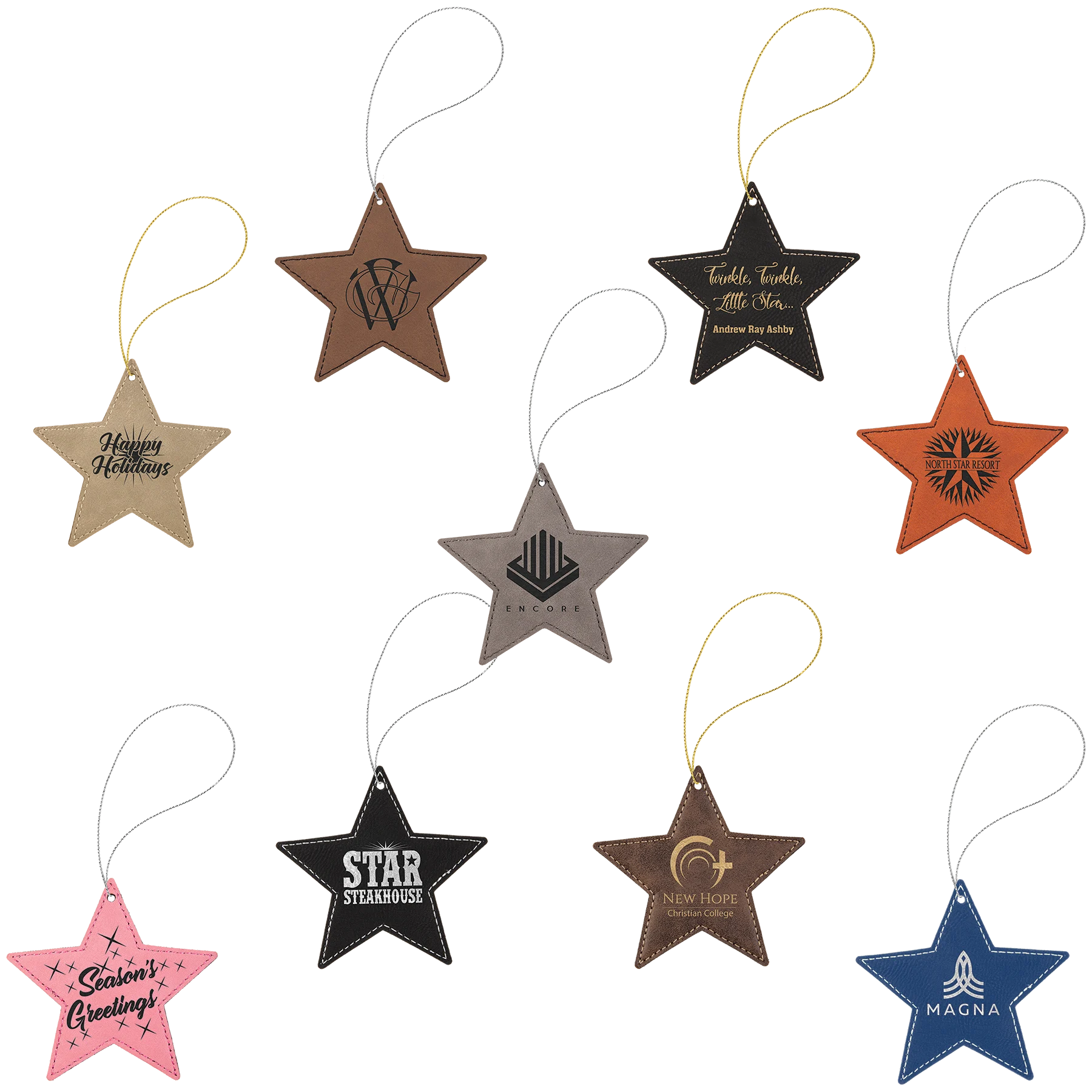 Star Ornament with Strings (faux leather) — custom laser engraved — ECHIPMUNK
