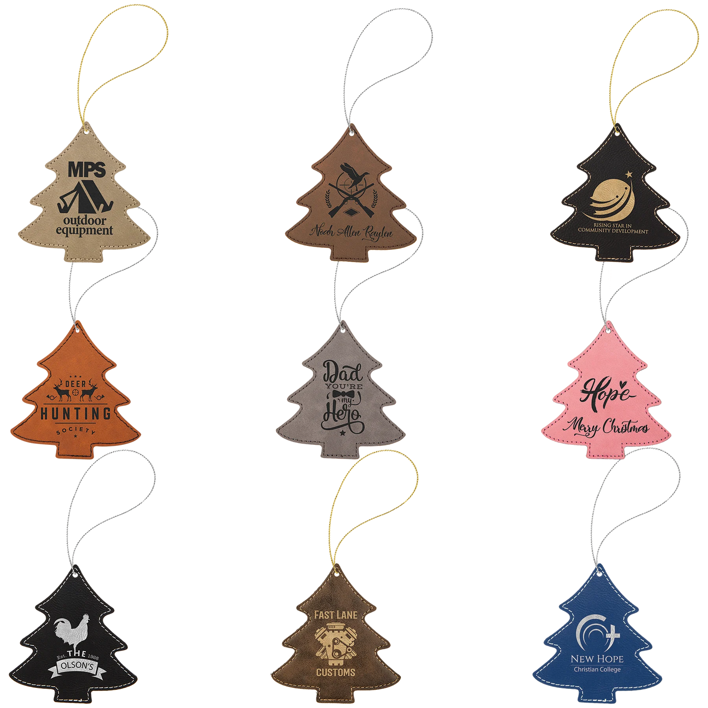 Tree Ornament with Strings (faux leather) — custom laser engraved — ECHIPMUNK