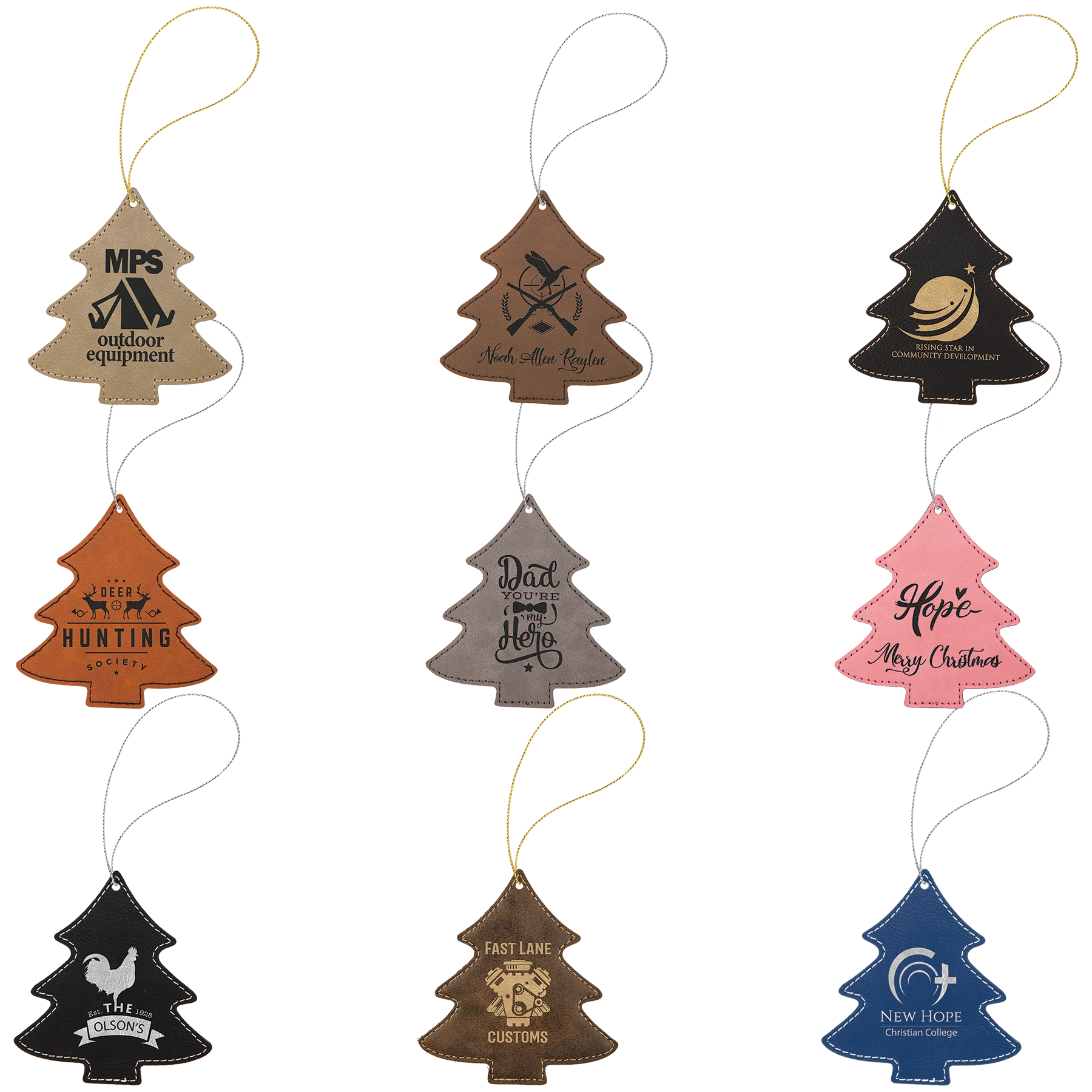 Tree Ornament with Strings (faux leather) — custom laser engraved — ECHIPMUNK