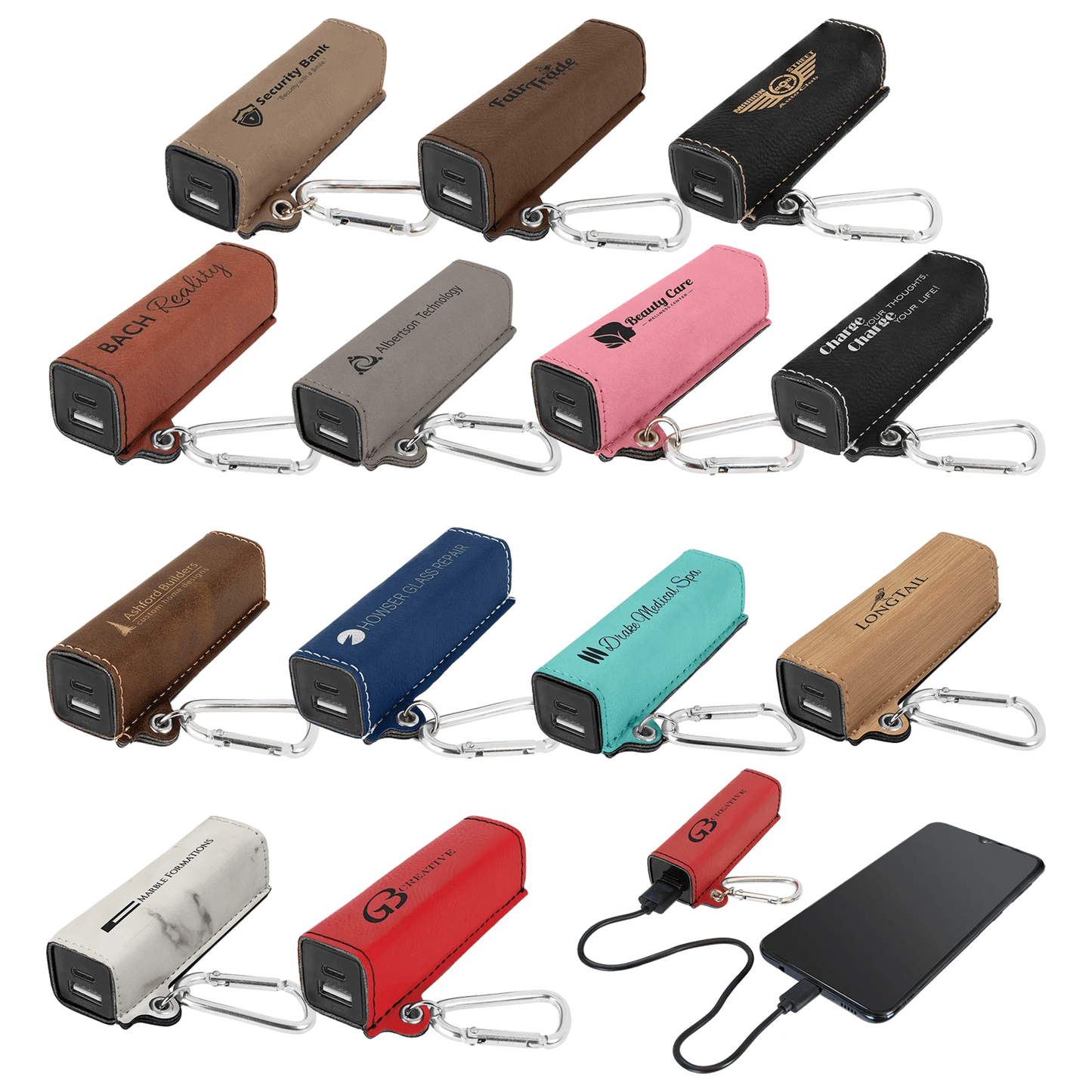 2200 mAh Power Bank with USB-C Cord (faux leather) — custom laser engraved — ECHIPMUNK