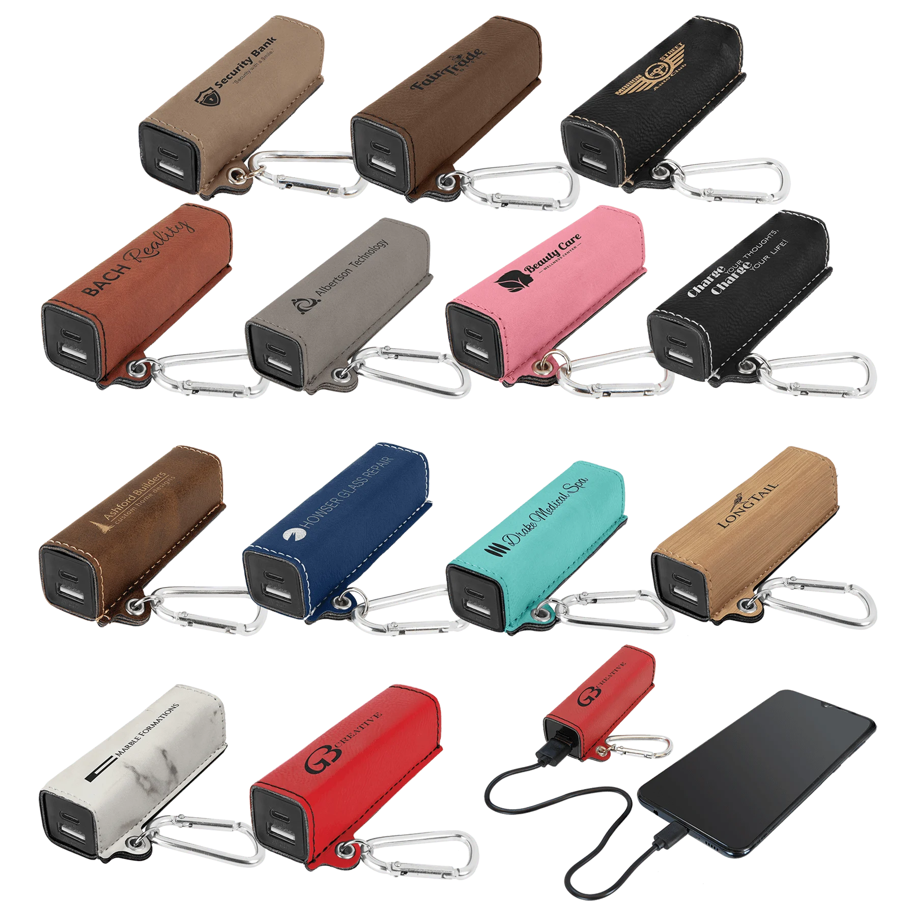 2200 mAh Power Bank with USB-C Cord (faux leather) — custom laser engraved — ECHIPMUNK