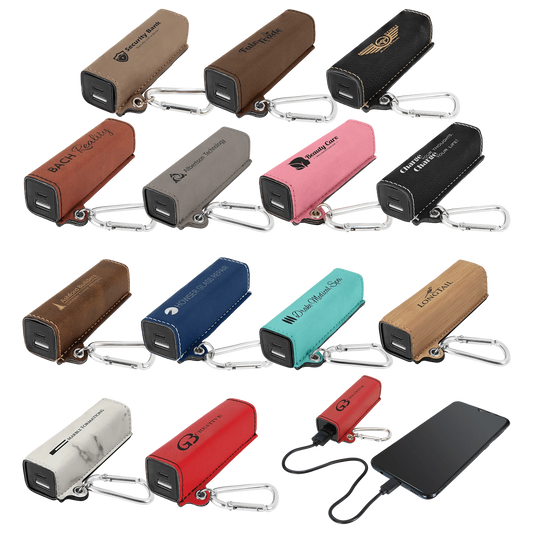 2200 mAh Power Bank with USB-C Cord (faux leather) — custom laser engraved — ECHIPMUNK