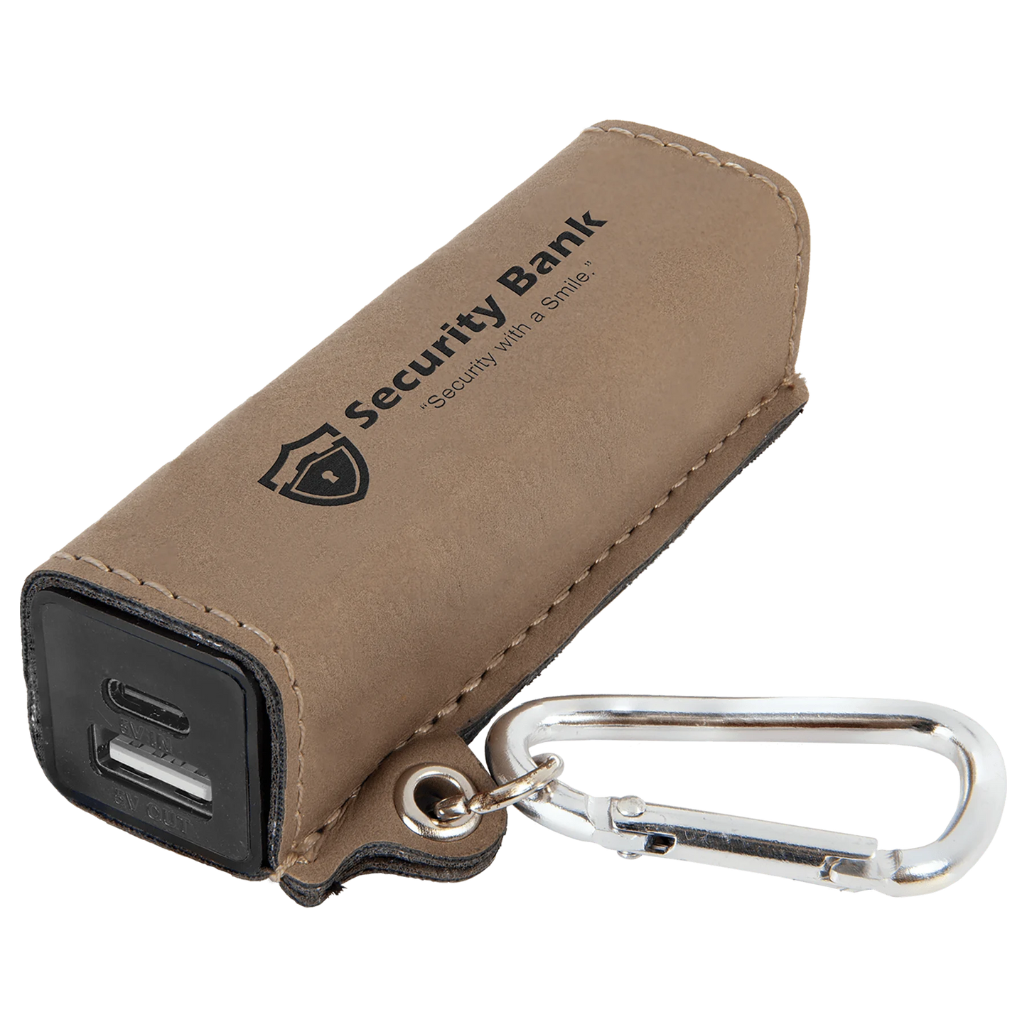 Light Brown 2200 mAh Power Bank with USB-C Cord (faux leather) — custom laser engraved — ECHIPMUNK