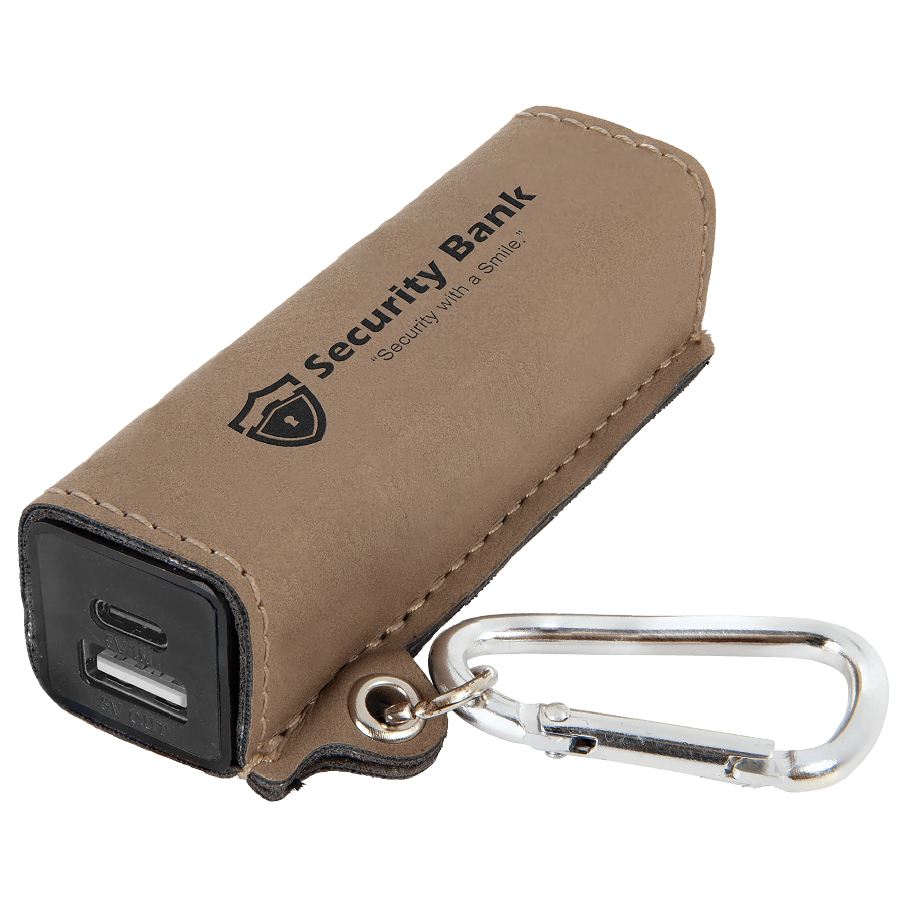 Light Brown 2200 mAh Power Bank with USB-C Cord (faux leather) — custom laser engraved — ECHIPMUNK