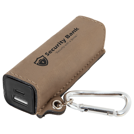 Light Brown 2200 mAh Power Bank with USB-C Cord (faux leather) — custom laser engraved — ECHIPMUNK
