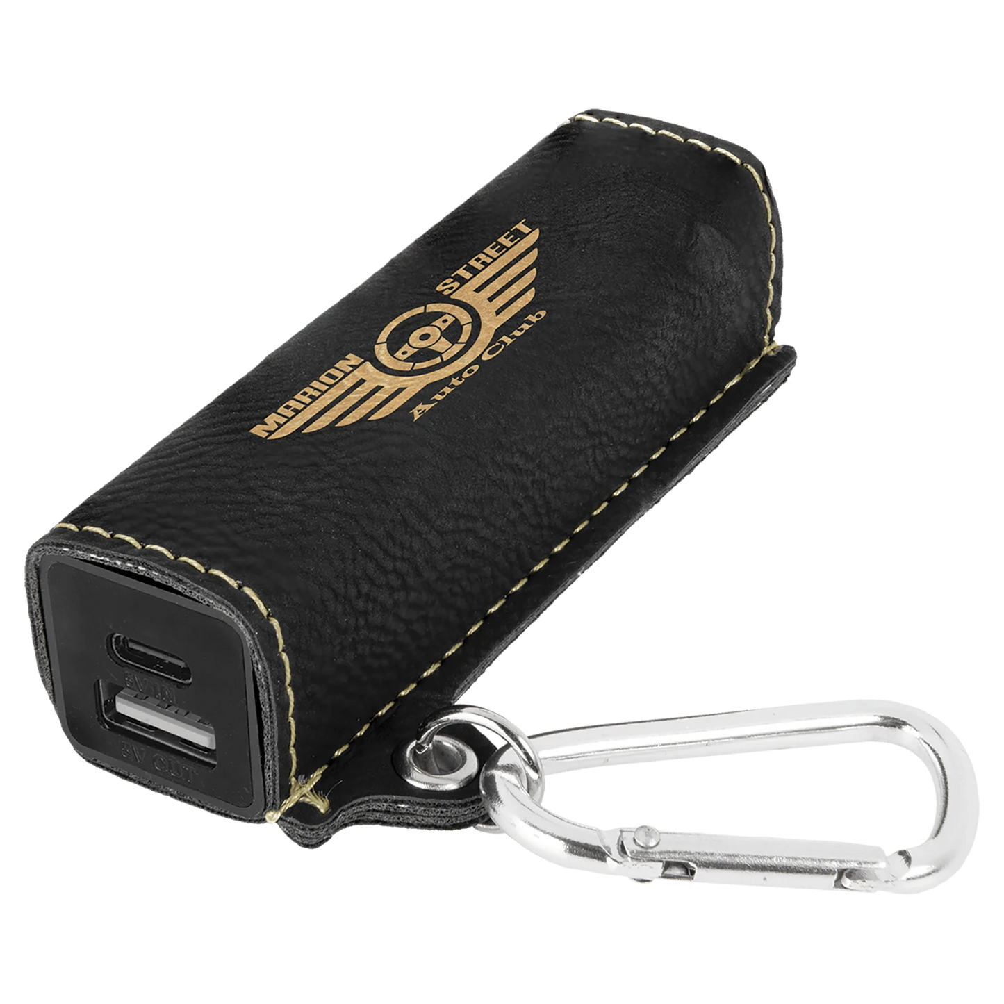 Black/Gold 2200 mAh Power Bank with USB-C Cord (faux leather) — custom laser engraved — ECHIPMUNK