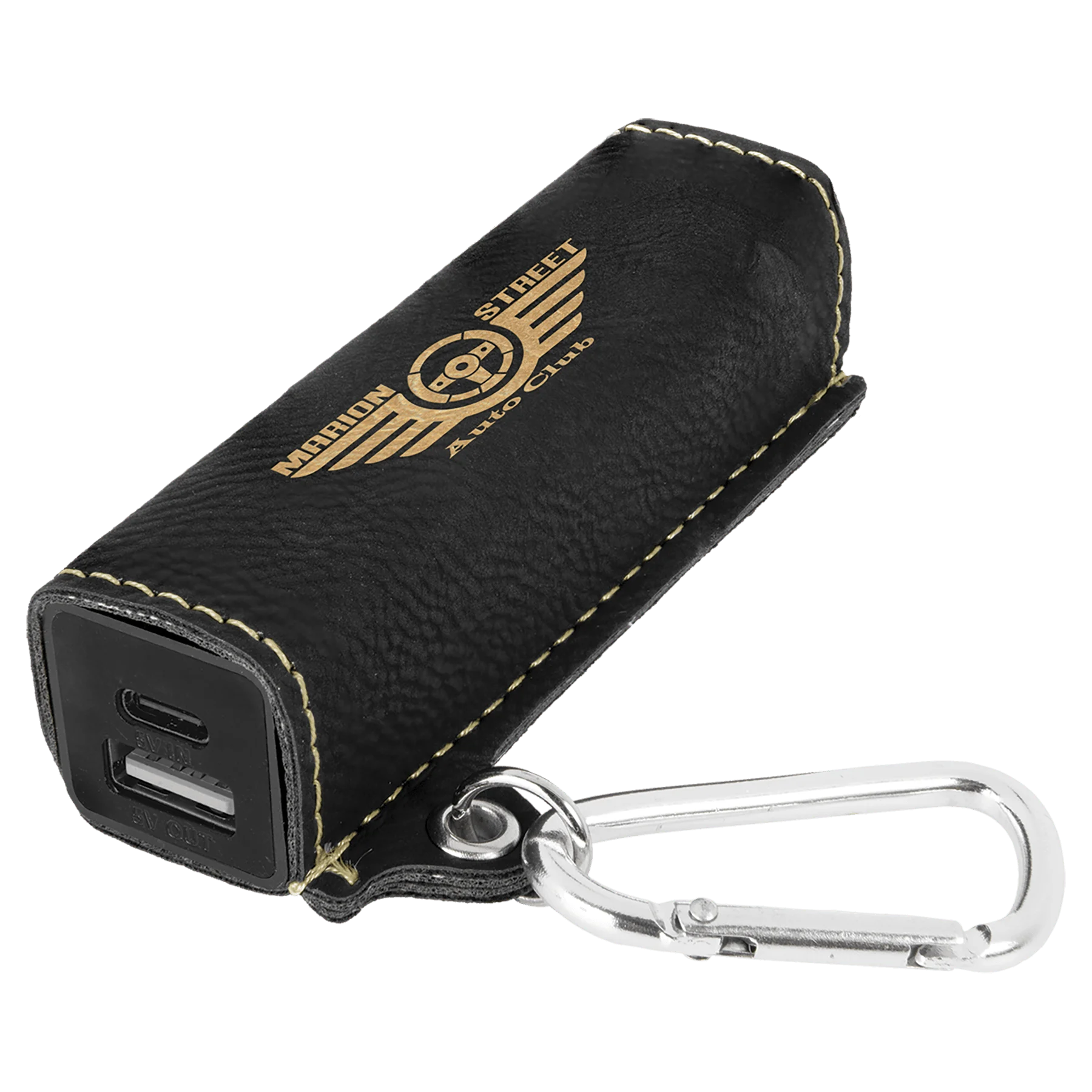 Black/Gold 2200 mAh Power Bank with USB-C Cord (faux leather) — custom laser engraved — ECHIPMUNK