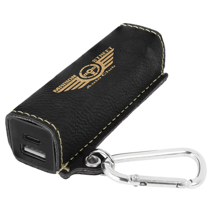 Black/Gold 2200 mAh Power Bank with USB-C Cord (faux leather) — custom laser engraved — ECHIPMUNK