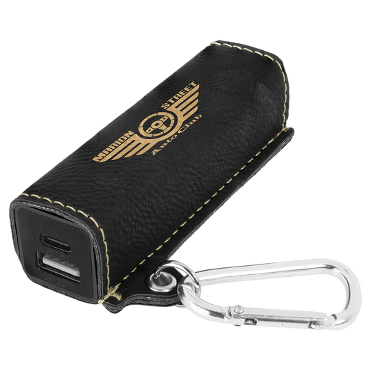 Black/Gold 2200 mAh Power Bank with USB-C Cord (faux leather) — custom laser engraved — ECHIPMUNK