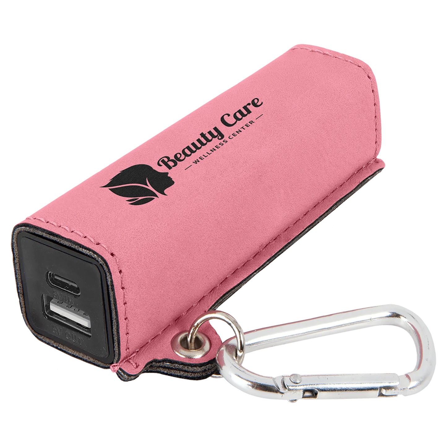 Pink 2200 mAh Power Bank with USB-C Cord (faux leather) — custom laser engraved — ECHIPMUNK