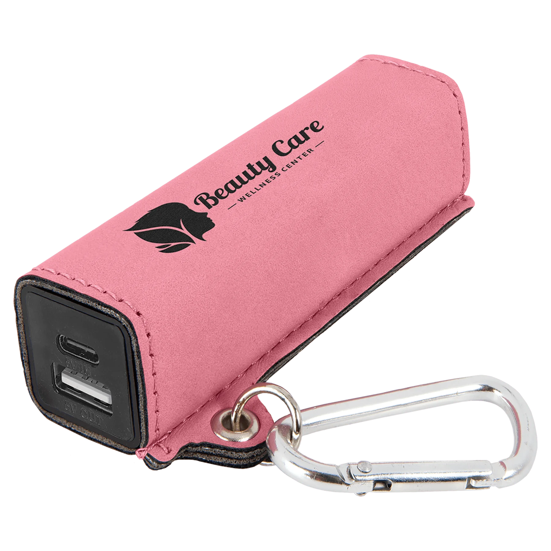 Pink 2200 mAh Power Bank with USB-C Cord (faux leather) — custom laser engraved — ECHIPMUNK