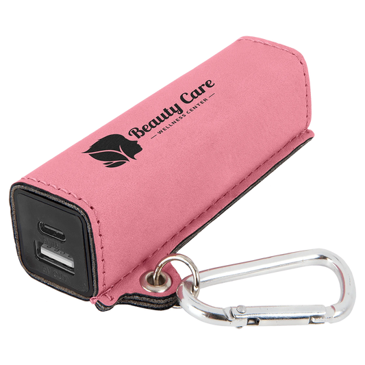 Pink 2200 mAh Power Bank with USB-C Cord (faux leather) — custom laser engraved — ECHIPMUNK