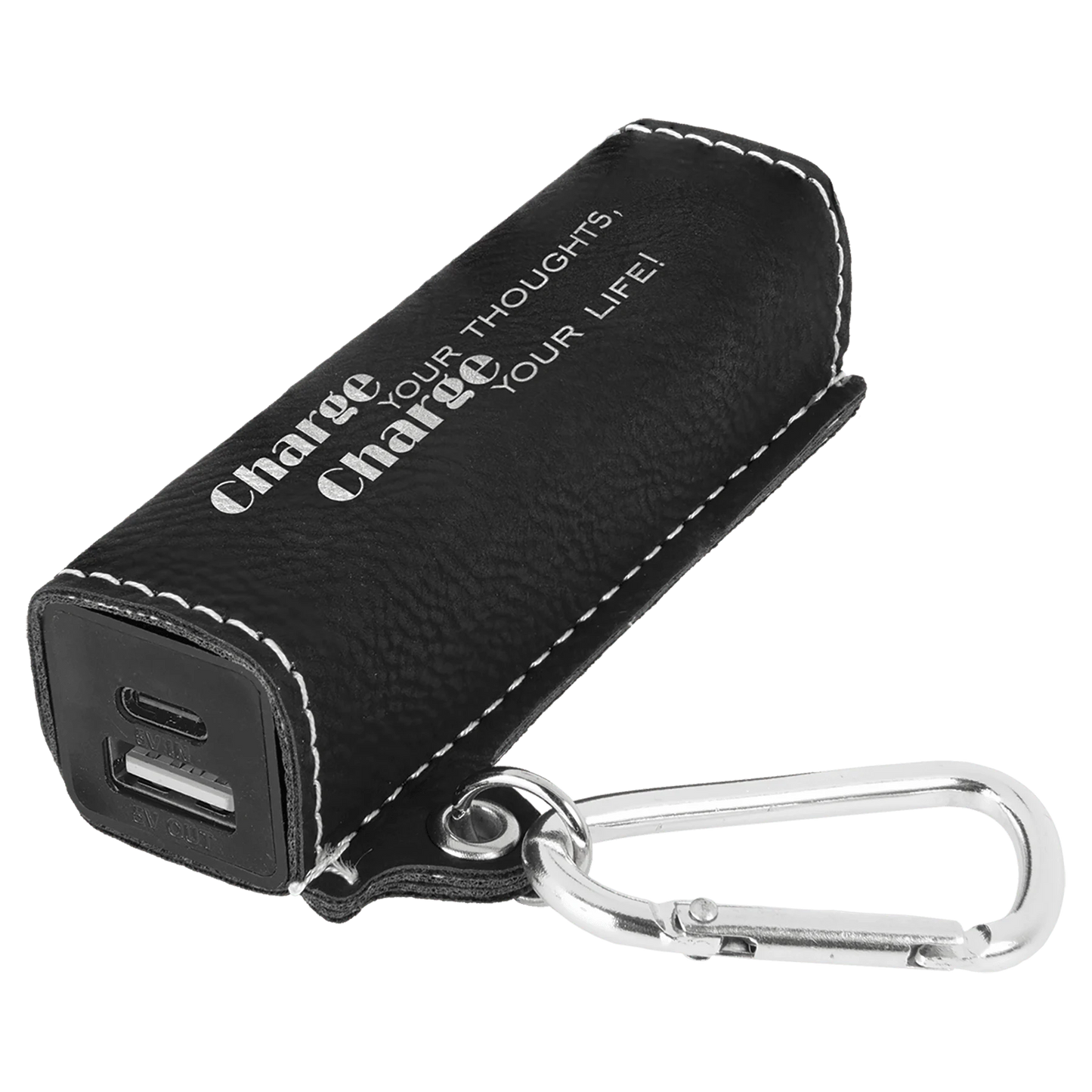 Black/Silver 2200 mAh Power Bank with USB-C Cord (faux leather) — custom laser engraved — ECHIPMUNK