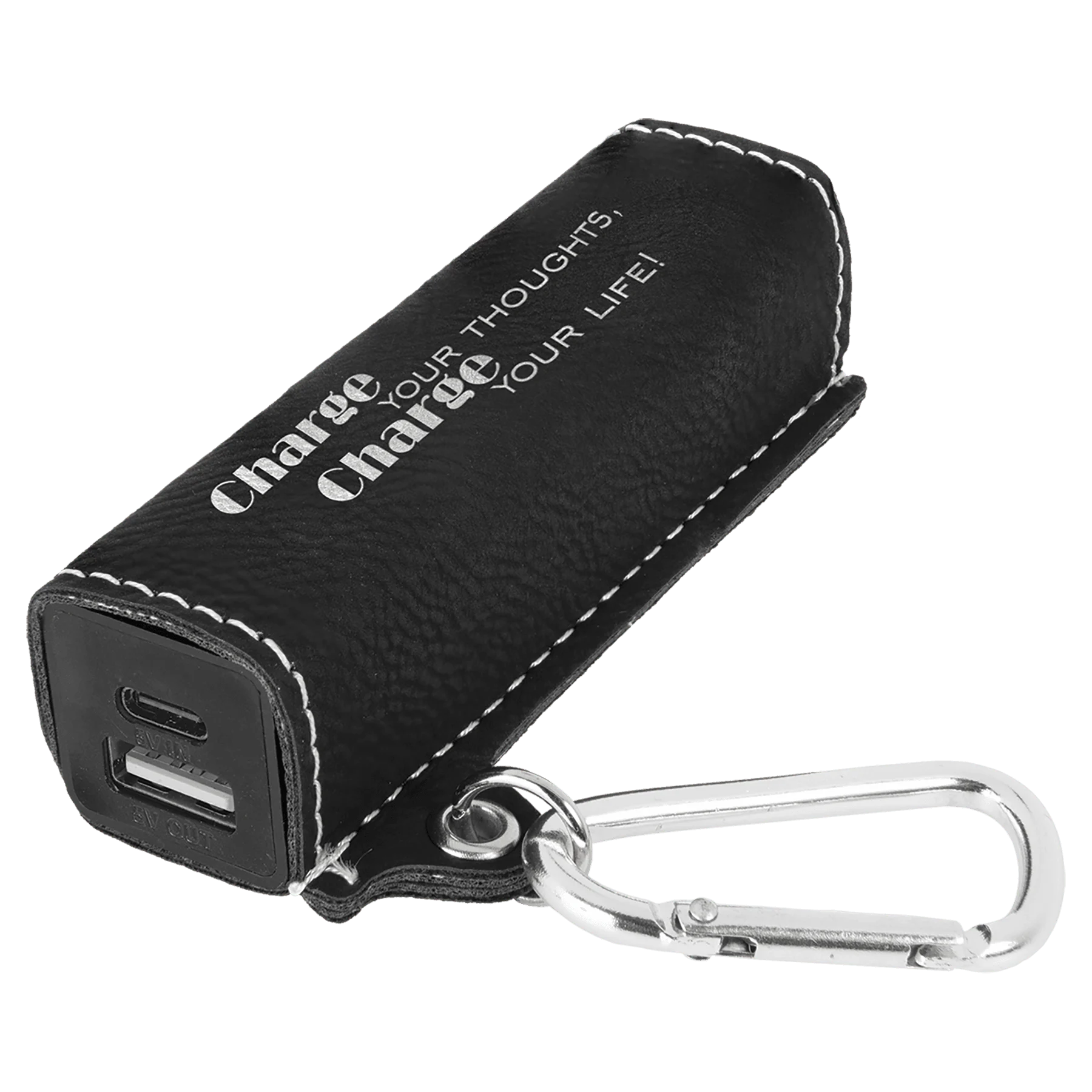 Black/Silver 2200 mAh Power Bank with USB-C Cord (faux leather) — custom laser engraved — ECHIPMUNK