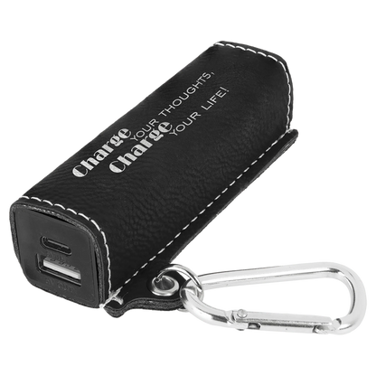 Black/Silver 2200 mAh Power Bank with USB-C Cord (faux leather) — custom laser engraved — ECHIPMUNK