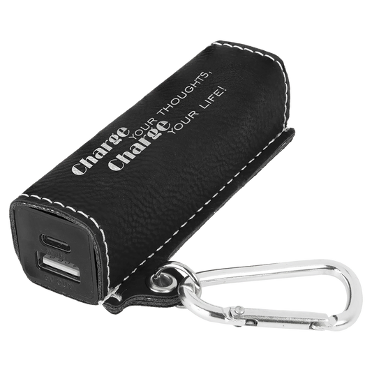 Black/Silver 2200 mAh Power Bank with USB-C Cord (faux leather) — custom laser engraved — ECHIPMUNK