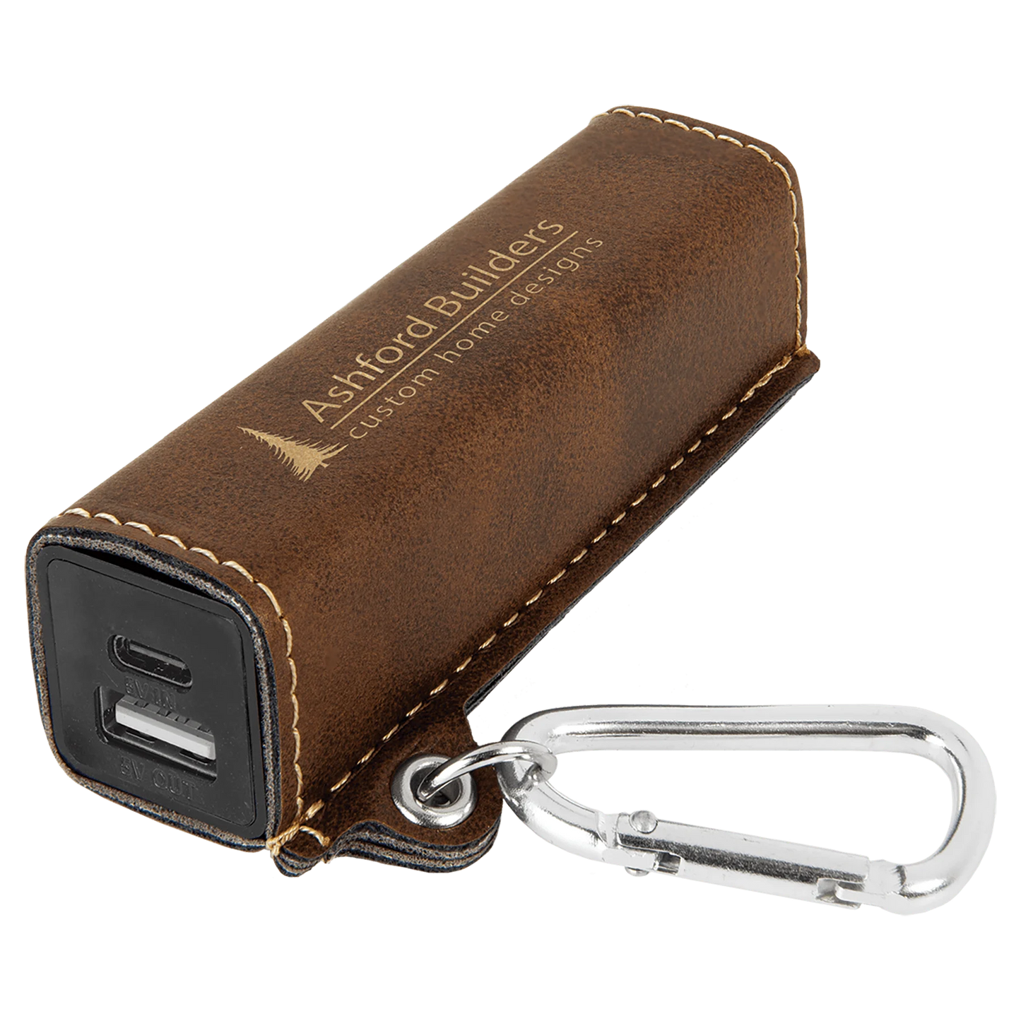 Rustic/Gold 2200 mAh Power Bank with USB-C Cord (faux leather) — custom laser engraved — ECHIPMUNK