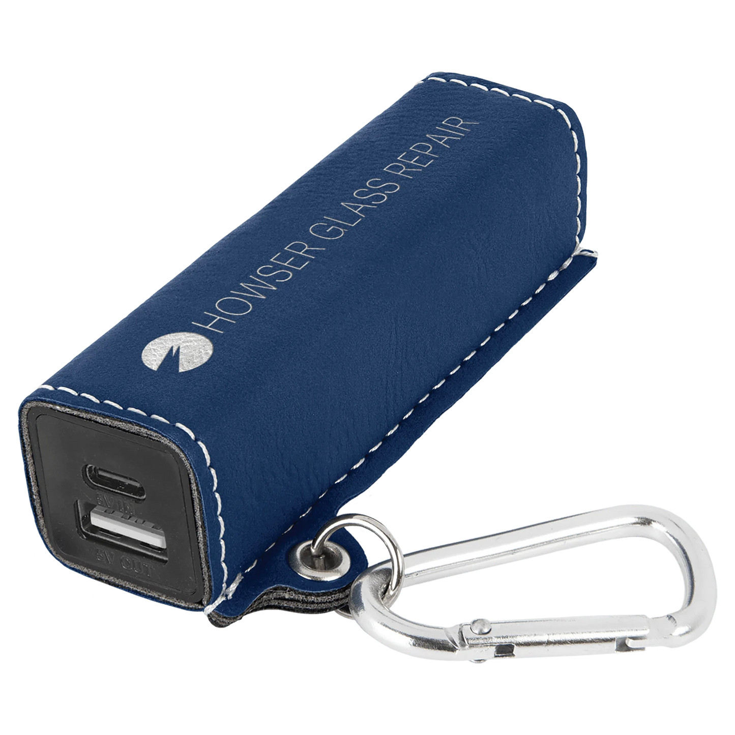 Blue/Silver 2200 mAh Power Bank with USB-C Cord (faux leather) — custom laser engraved — ECHIPMUNK