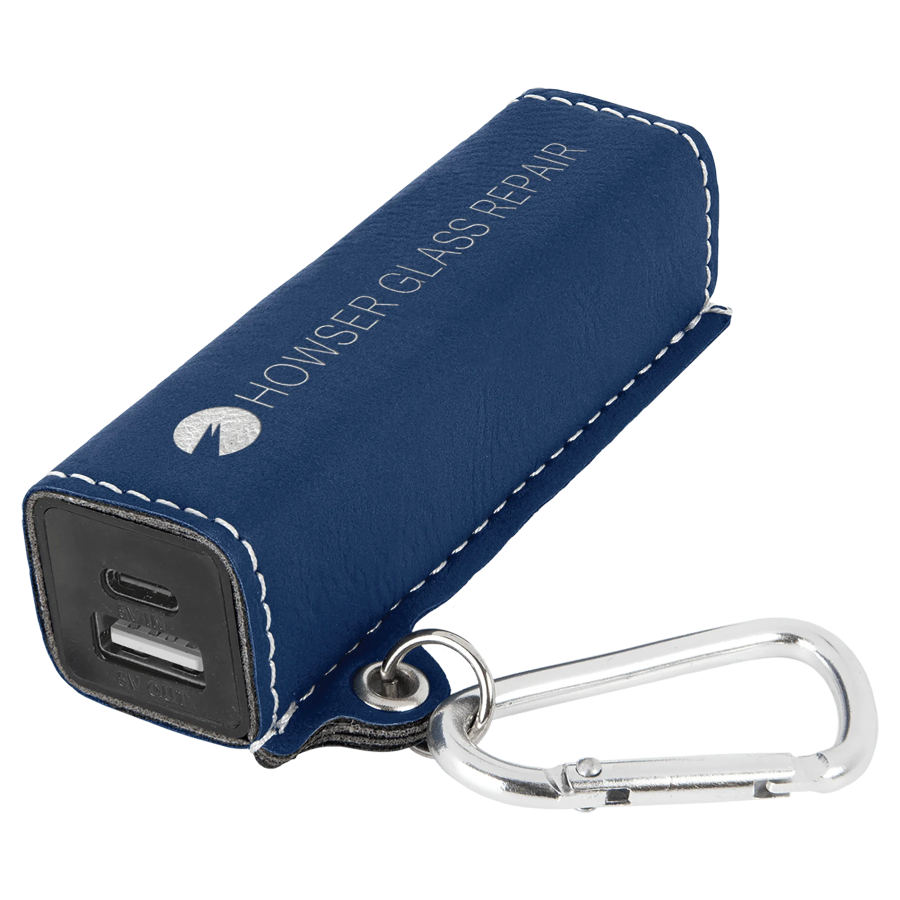 Blue/Silver 2200 mAh Power Bank with USB-C Cord (faux leather) — custom laser engraved — ECHIPMUNK
