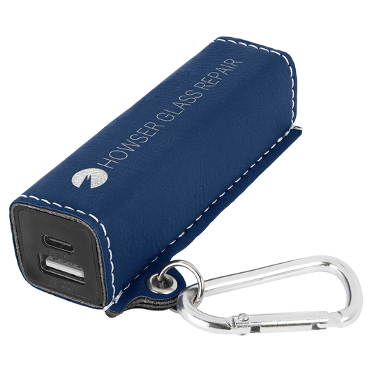 Blue/Silver 2200 mAh Power Bank with USB-C Cord (faux leather) — custom laser engraved — ECHIPMUNK