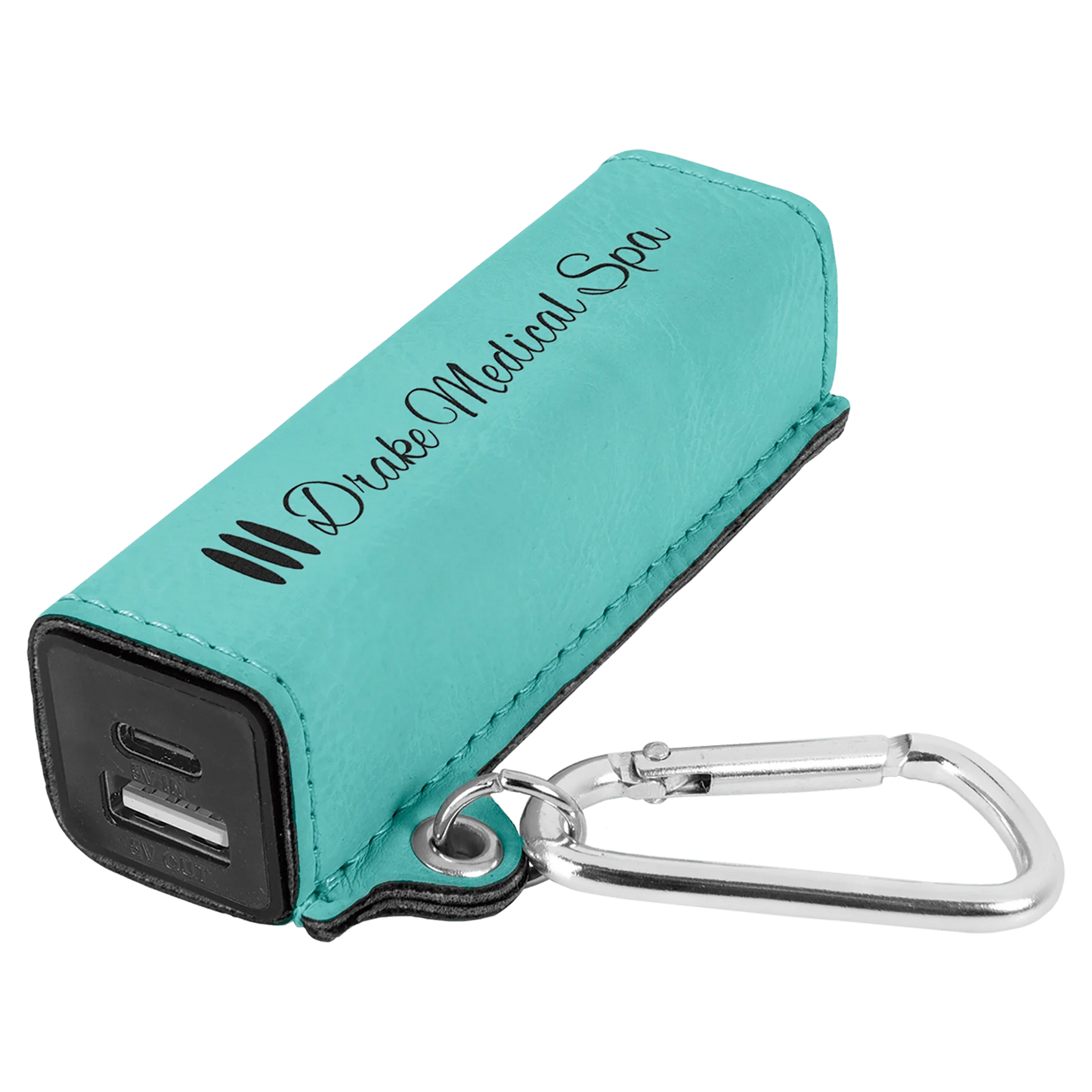 Teal 2200 mAh Power Bank with USB-C Cord (faux leather) — custom laser engraved — ECHIPMUNK