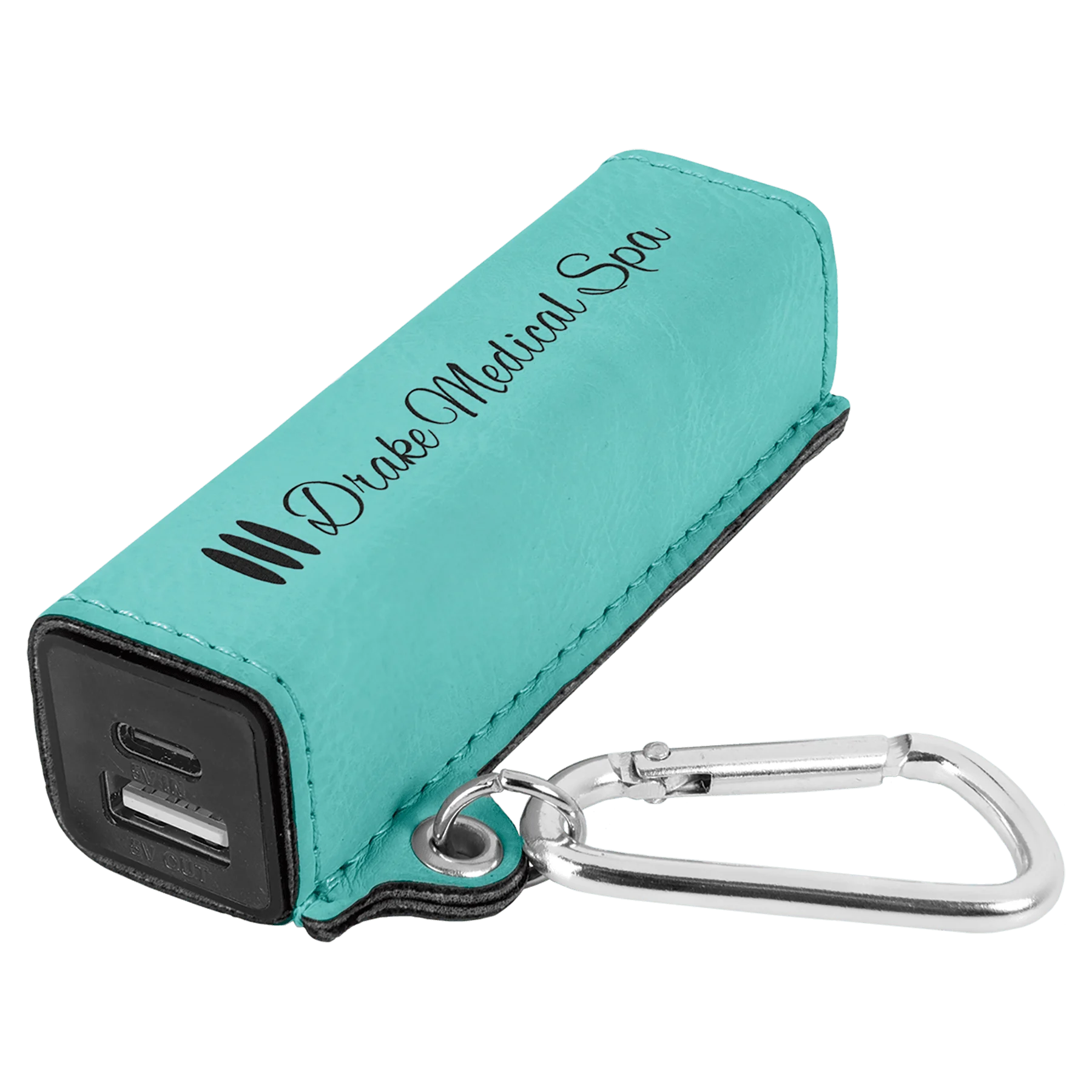 Teal 2200 mAh Power Bank with USB-C Cord (faux leather) — custom laser engraved — ECHIPMUNK