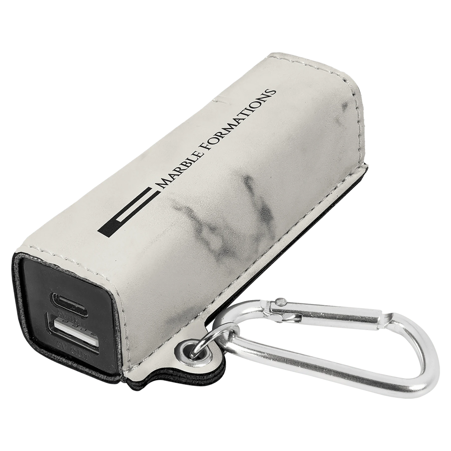 White Marble 2200 mAh Power Bank with USB-C Cord (faux leather) — custom laser engraved — ECHIPMUNK