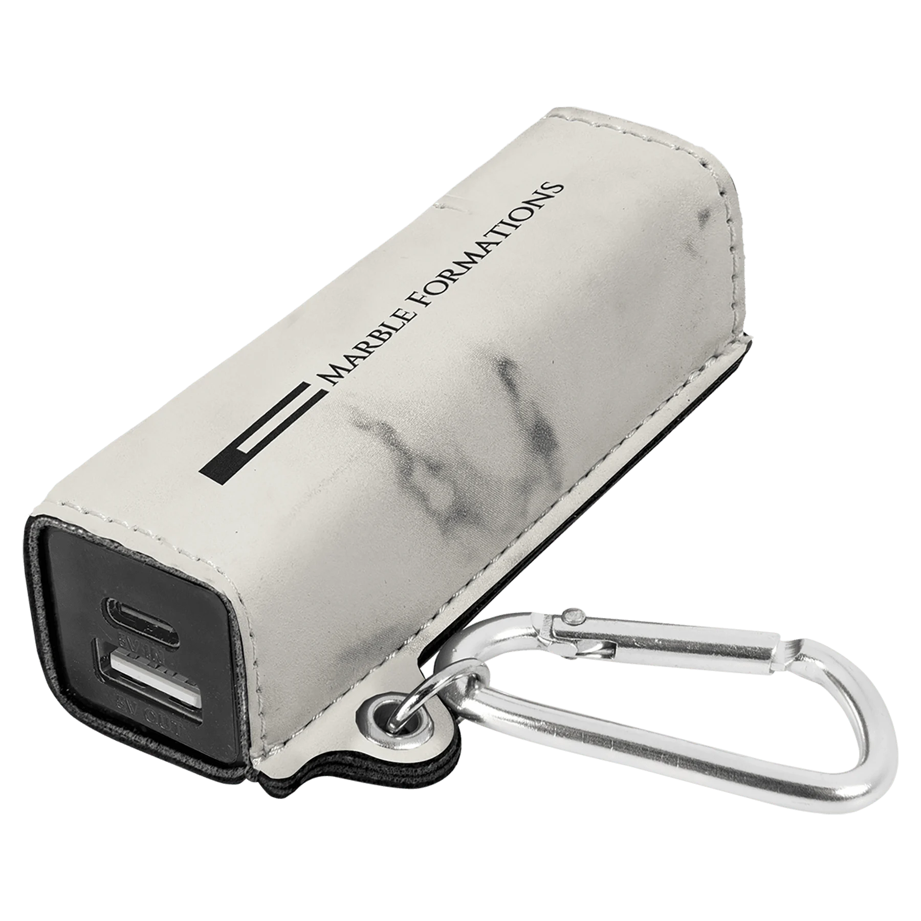 White Marble 2200 mAh Power Bank with USB-C Cord (faux leather) — custom laser engraved — ECHIPMUNK