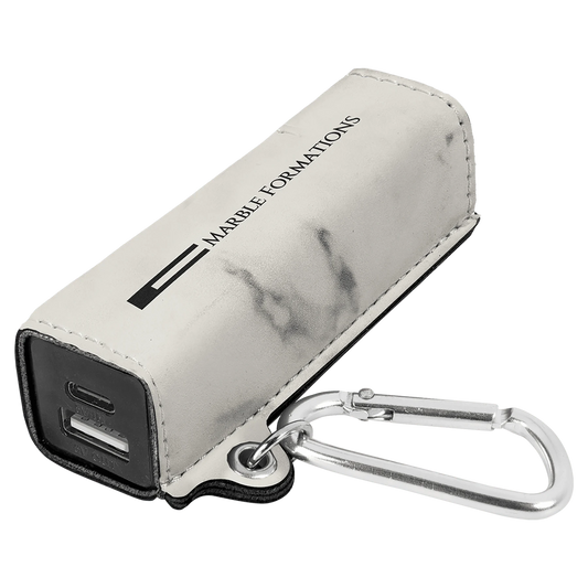 White Marble 2200 mAh Power Bank with USB-C Cord (faux leather) — custom laser engraved — ECHIPMUNK