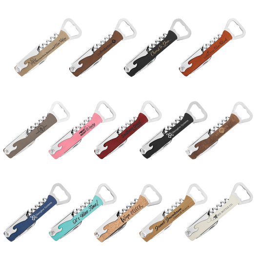 Corkscrew Wine Bottle Opener (faux leather & stainless steel) — custom laser engraved — ECHIPMUNK