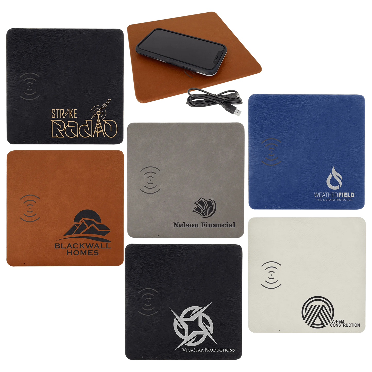 8" × 8" Phone Charging Mat (faux leather) — custom laser engraved — ECHIPMUNK