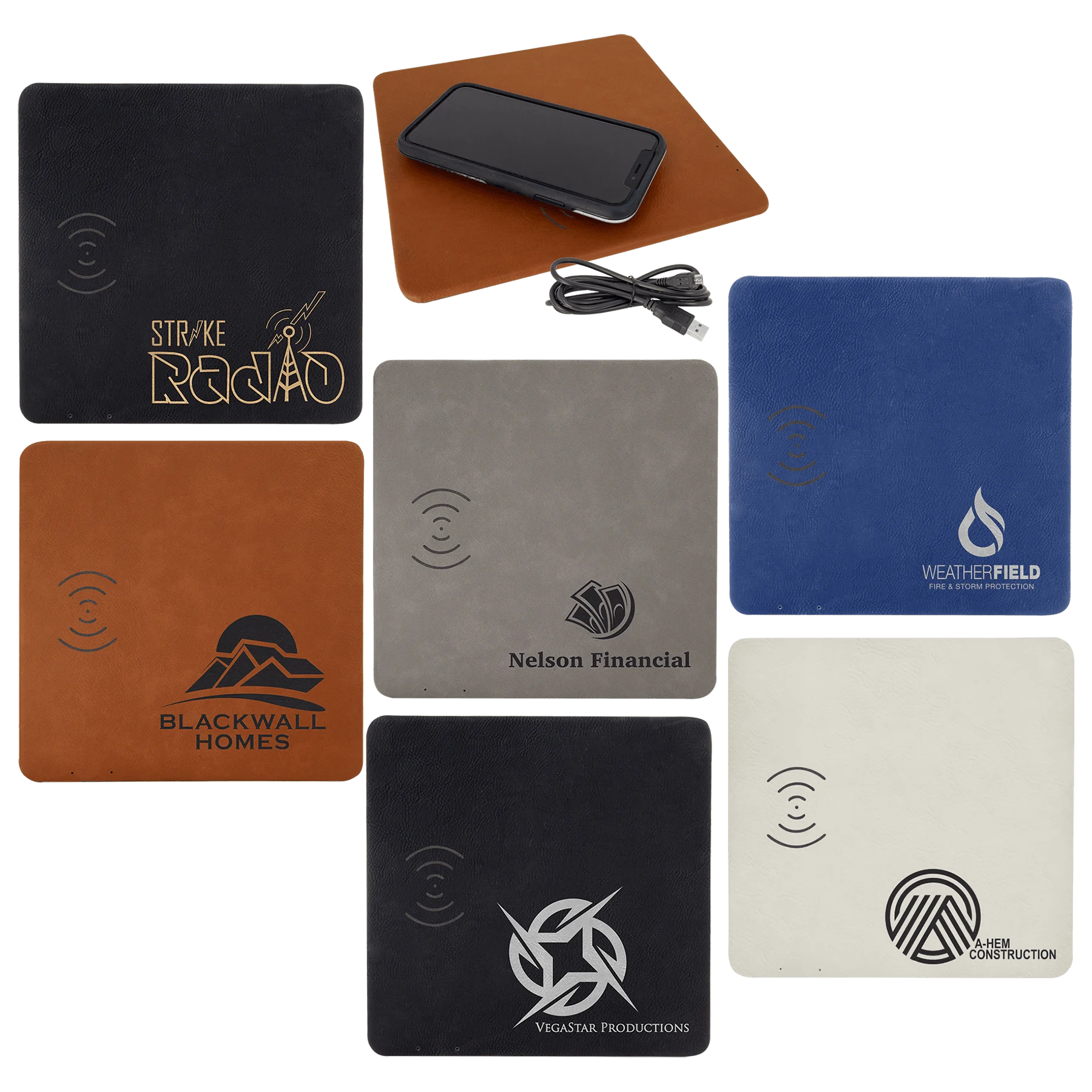8" × 8" Phone Charging Mat (faux leather) — custom laser engraved — ECHIPMUNK