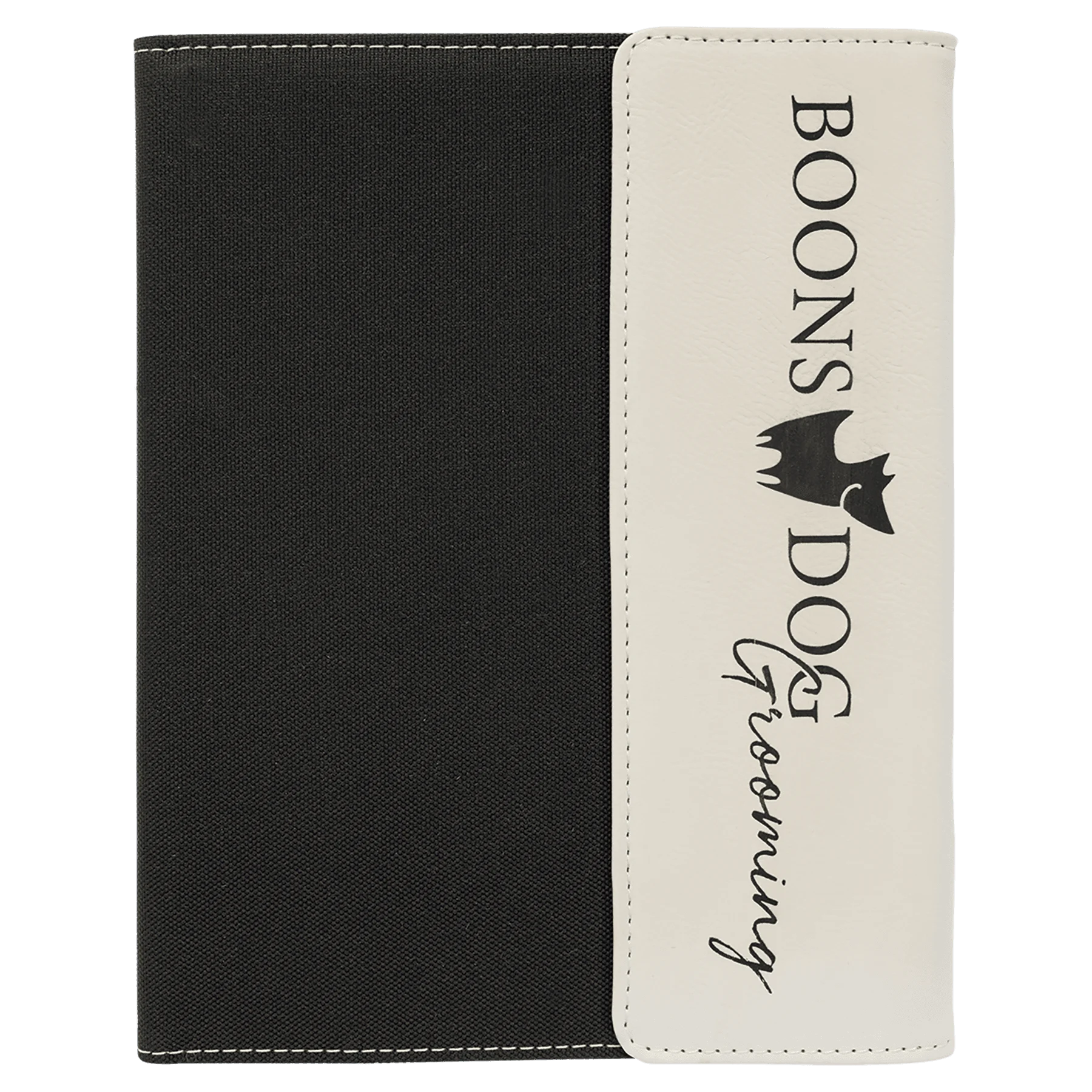 7" × 9" White / Black Canvas Portfolio with Notepad (faux leather & canvas) — custom laser engraved — ECHIPMUNK